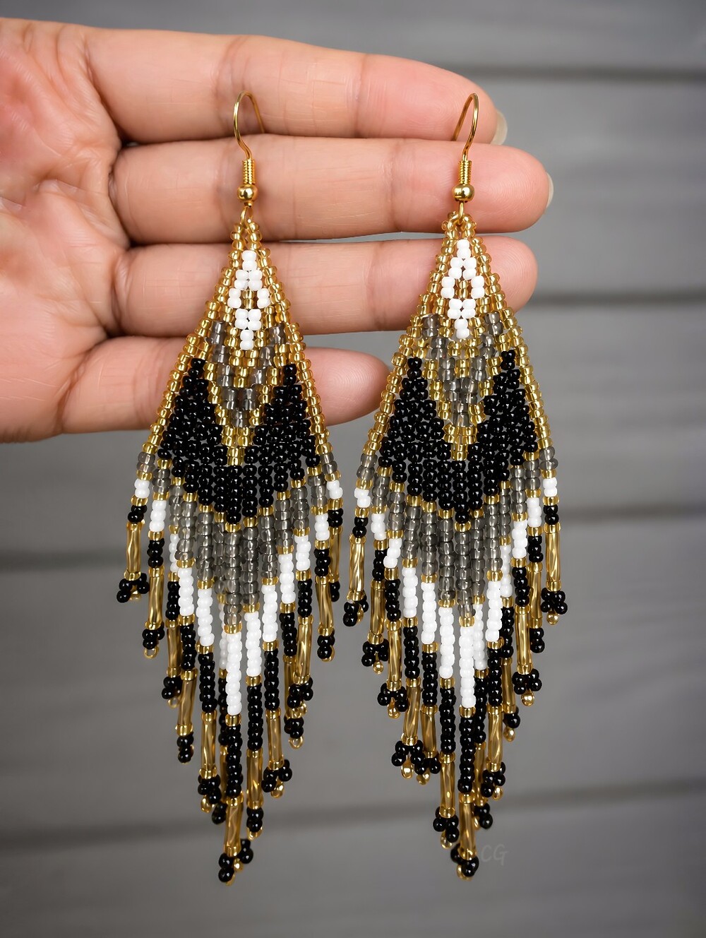 Brie Geo Beaded Fringe Earrings Handmade Southwestern - Black Gold